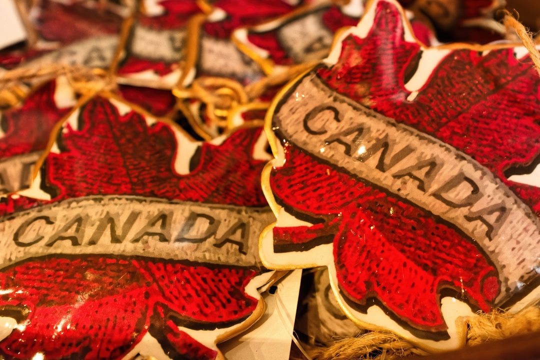 Red maple leaf ornaments with canada text